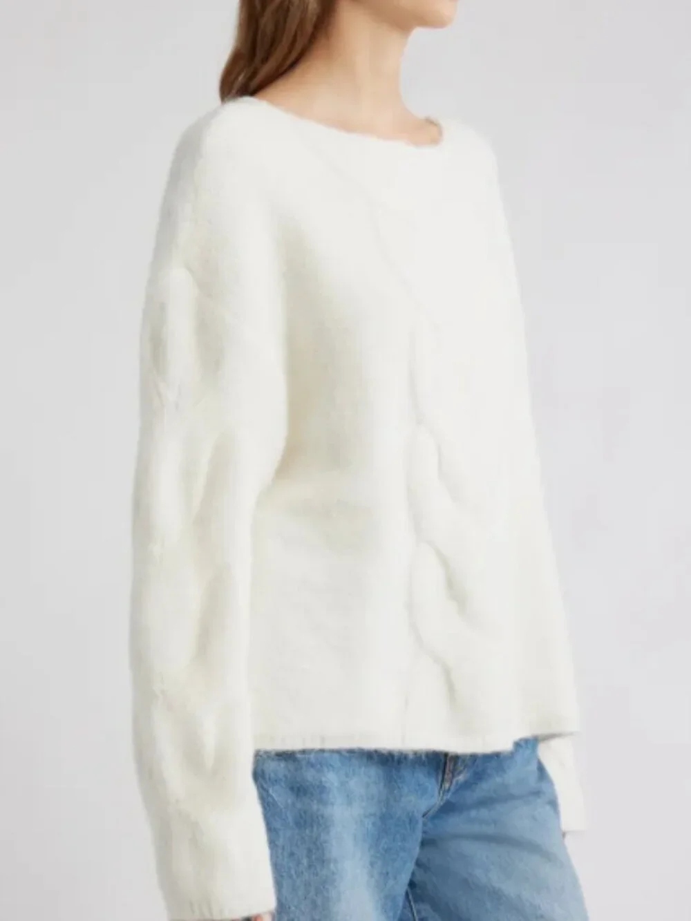 Open Edit Oversized Cable Boatneck Sweater – Size XS (Ivory)